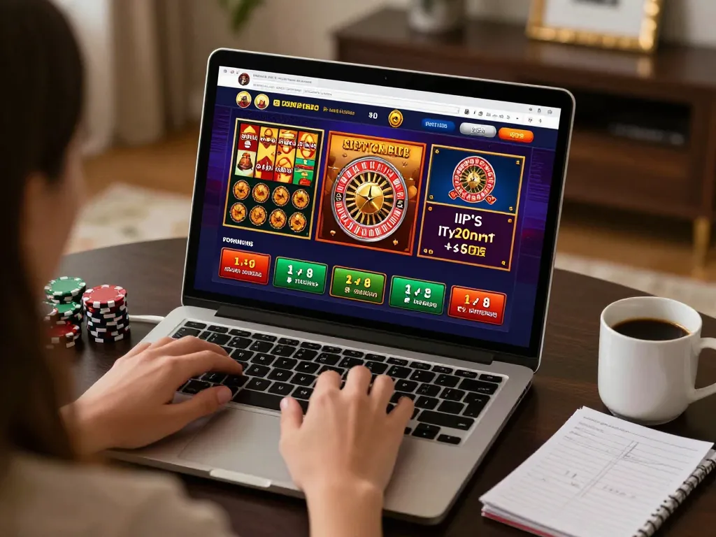 Engaged player using lc88 casino app on laptop, exploring various games at home