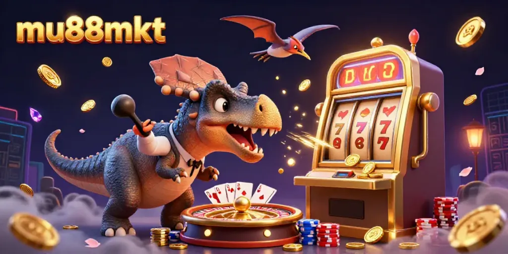 Watch mu88mkt's pachycephalosaurus win at the golden slot machine, surrounded by coins and excitement.