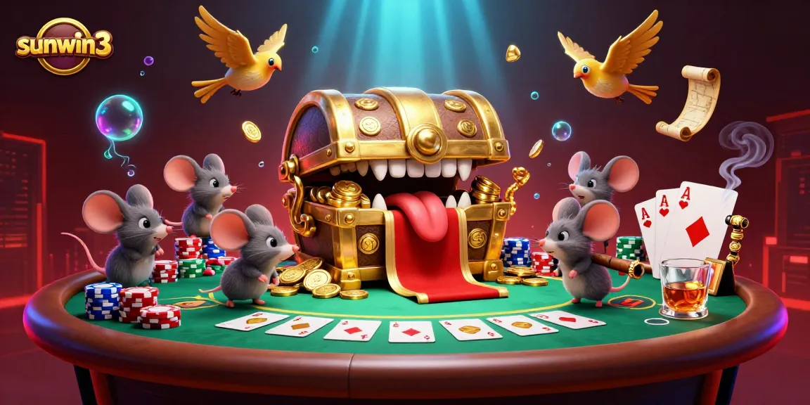 Engage players with exciting adventures at sunwin3, featuring treasure chests, poker scenes, and glowing effects.
