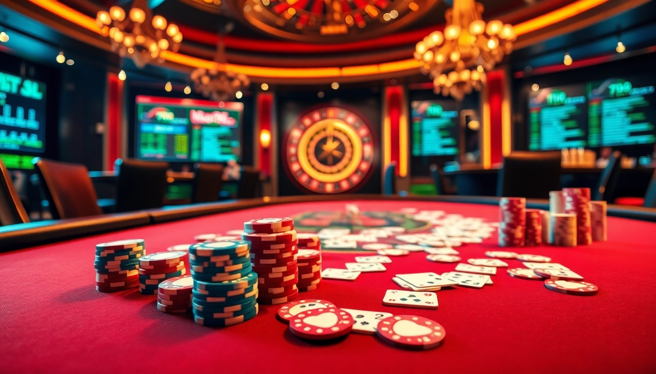 Players enjoying a thrilling game at PS99 casino with vibrant poker chips and cards.