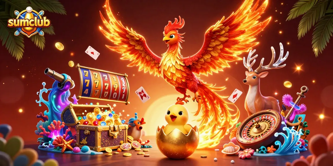 Join the thrilling adventure at sumclub with a fiery phoenix and vibrant casino games.