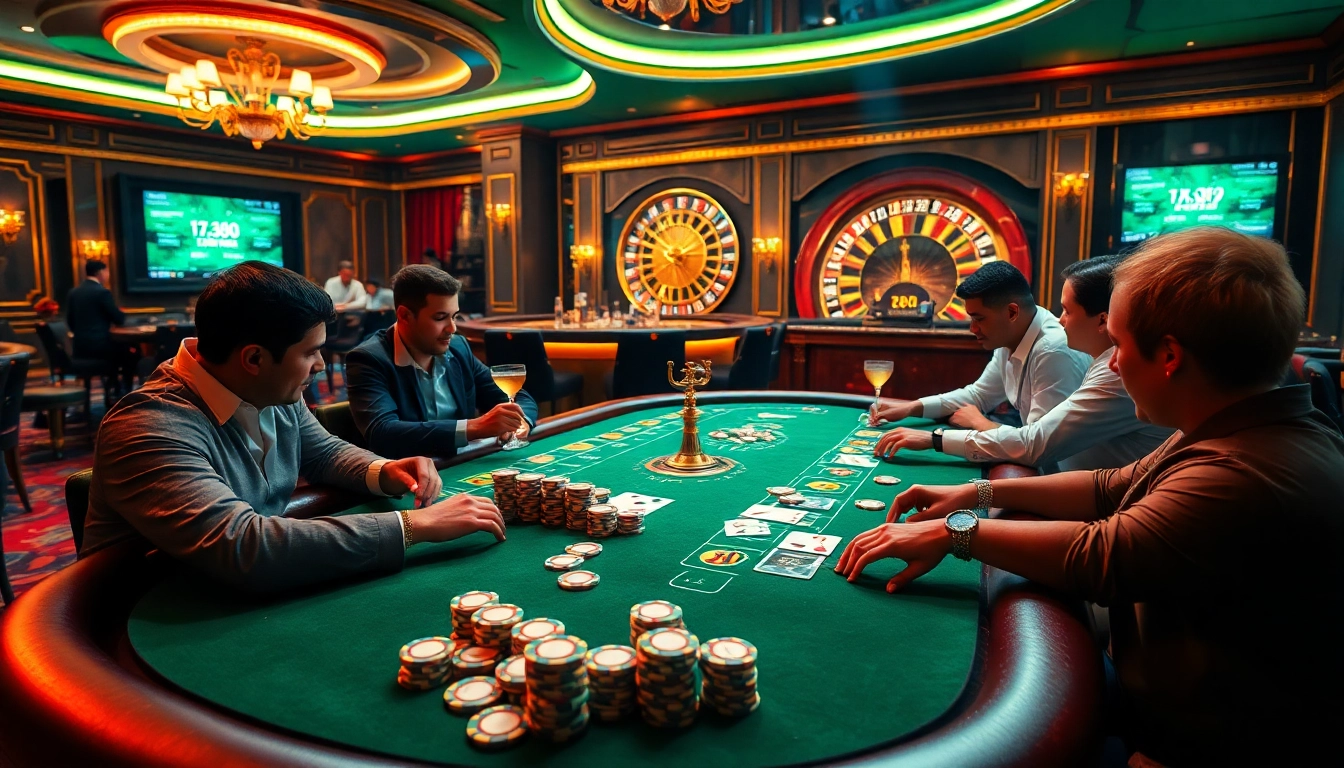 Experience high-stakes action with poker players at https://tx88at.com/ amid a luxurious casino backdrop.