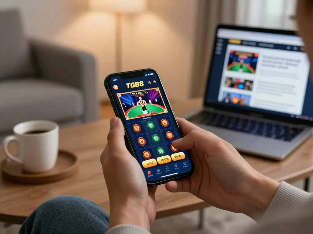 Engaging in online gambling on the TG88 app, showcasing live game interface on smartphone, emphasizing strategic gameplay.