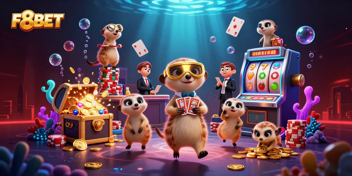 F8BET meerkats showcase a vibrant casino scene filled with gold coins and splendid games.