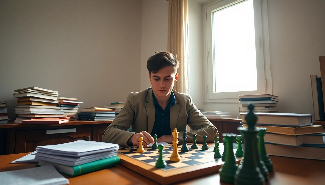 Focused student preparing for fide test preperation with chessboard and study materials.