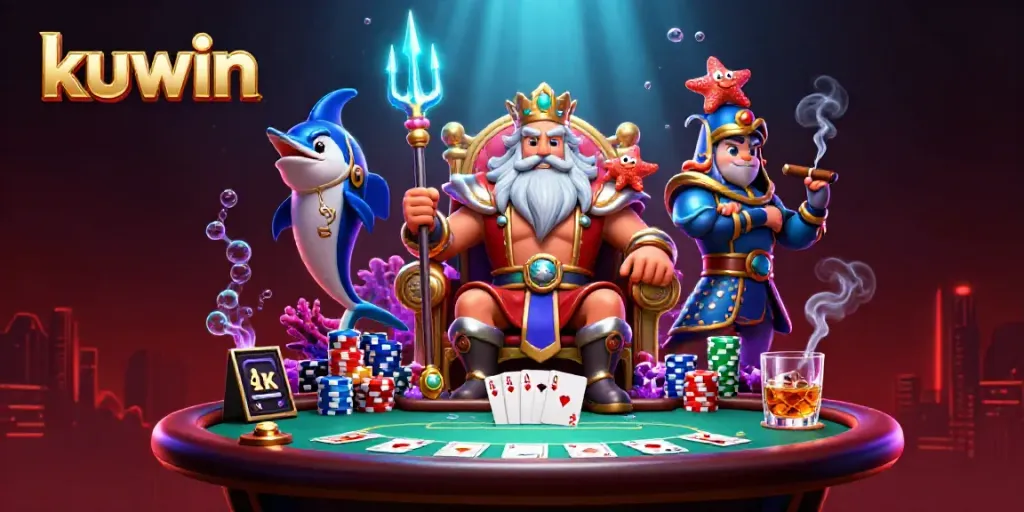 Kuwin casino scene with Neptune, poker chips, and vibrant underwater effects