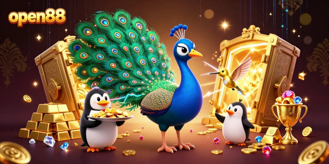 Experience excitement at open88 casino with vibrant 3D illustrations of colorful characters and treasures.
