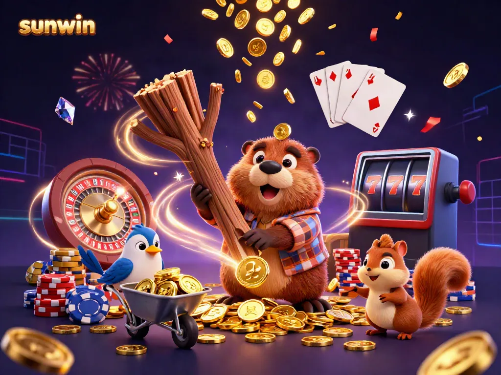 Experience the thrill of winning at Sunwin as a cartoon beaver chops a tree showering golden coins.