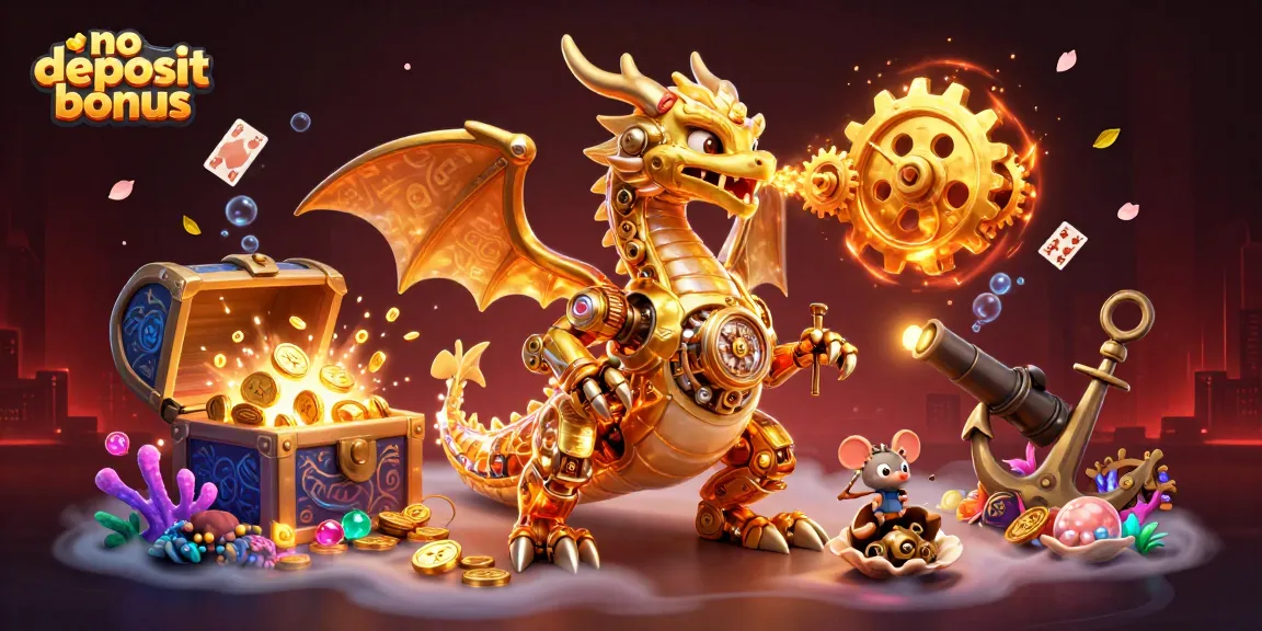 No deposit bonus illustration featuring a golden dragon and a tiny mouse engineer amidst treasure and gaming elements.