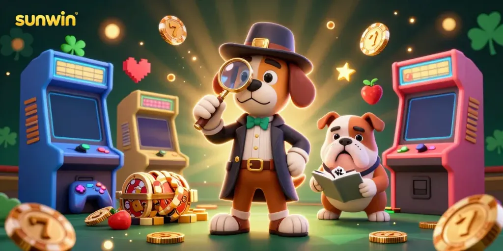 Enjoy an exciting scene with sunwin characters uncovering winning treasures amid a vibrant casino atmosphere.