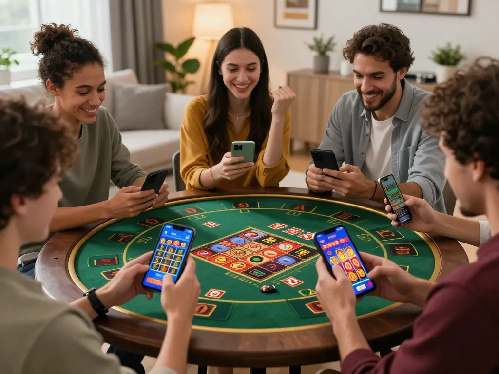 Players enjoying mobile casino games on SC88 trang chủ, celebrating winnings in a cozy home setting.