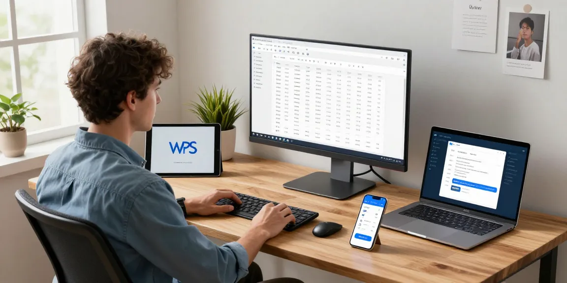 Workstation featuring WPS Download software in use on multiple devices.