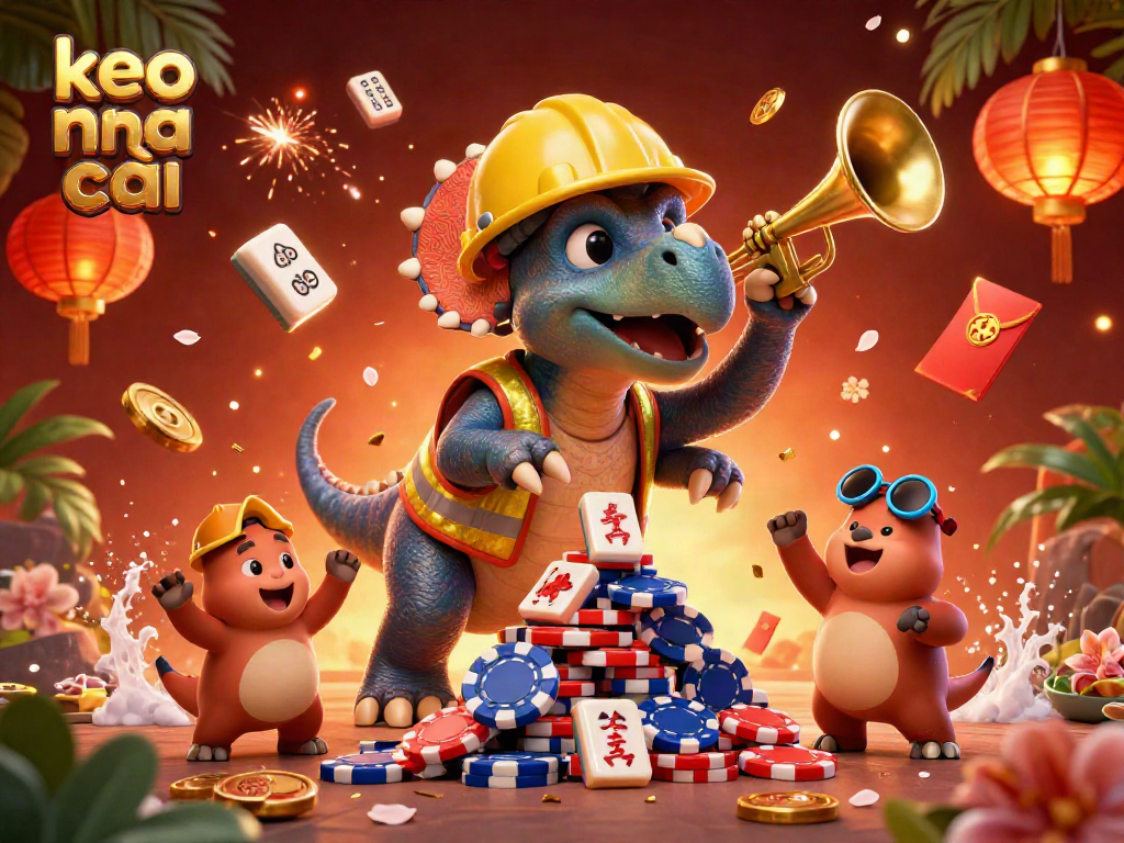 Experience the excitement at keo nha cái with a vibrant 3D scene of a triceratops building a poker chip pyramid.