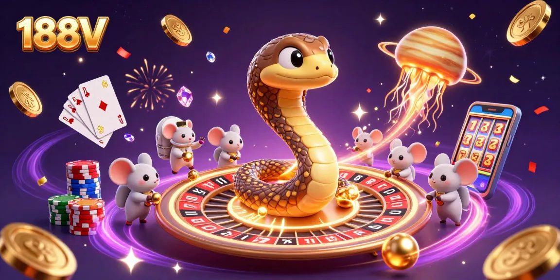 Place your bets with 188V as tiny astronaut mice interact in a vibrant cosmic casino scene.