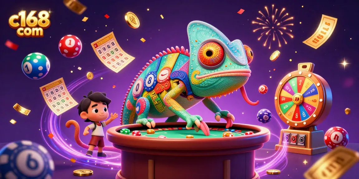 Experience the thrill of c168 com with a vibrant scene of a chameleon casino owner celebrating wins.