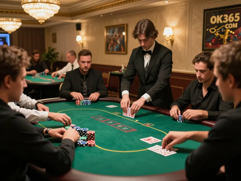 Players enjoying an exciting poker game at OK365 COM casino, showcasing vibrant chips and cards.