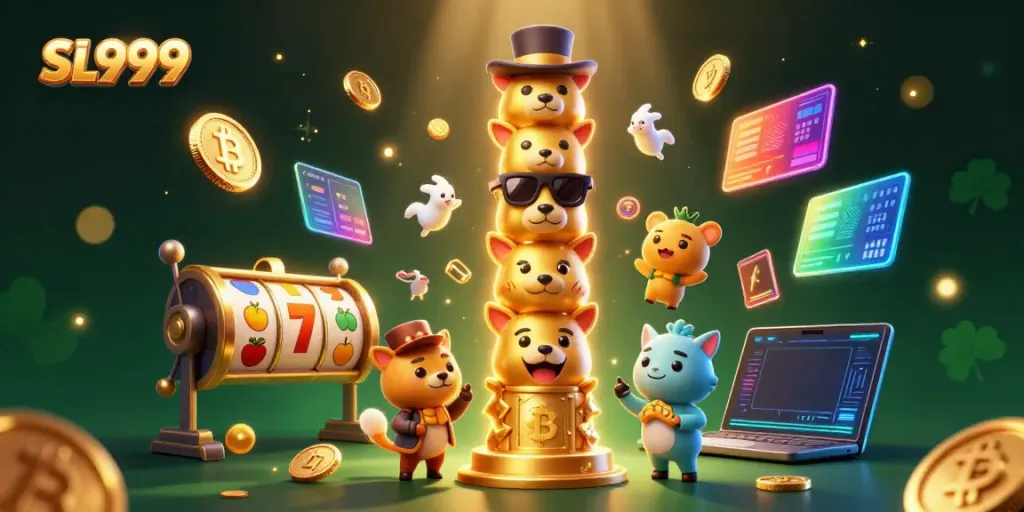 Engage in thrilling gameplay at SL999 with vibrant visuals, slot elements, and cryptocurrency icons in an immersive environment.