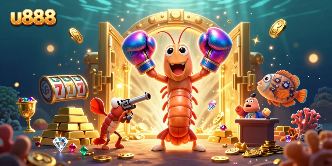 Spin the reels at u888 amidst gold treasures and vibrant characters in this exciting casino scene.