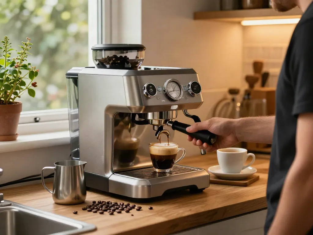 Barista using ROKOK88 espresso machine for perfect espresso shots with coffee beans