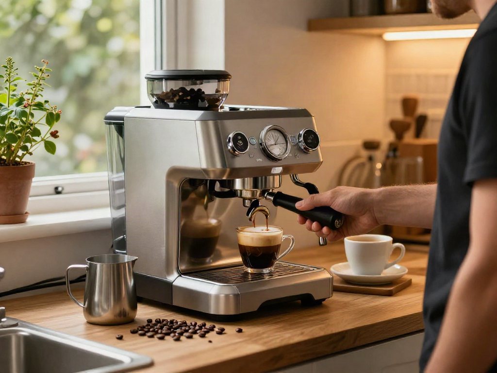 Barista using ROKOK88 espresso machine for perfect espresso shots with coffee beans