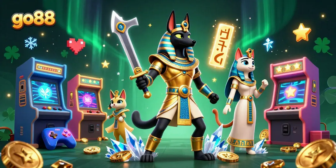 Experience the excitement of go88 with Anubis and Bastet in a vibrant casino-themed scene.
