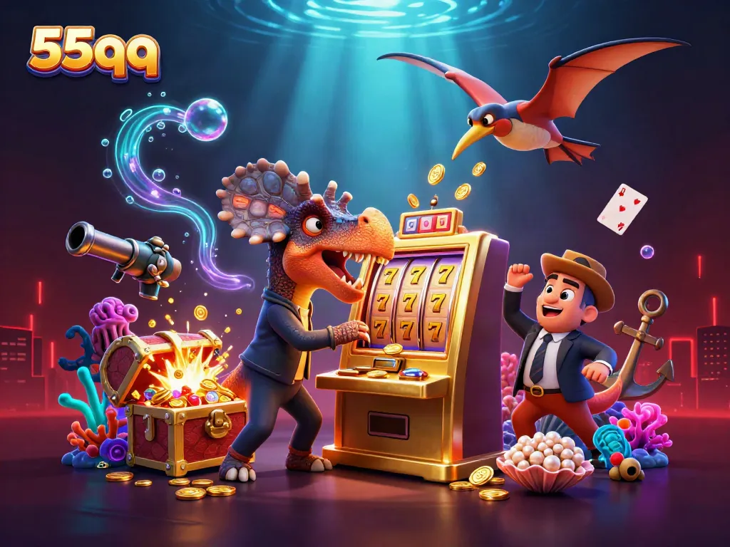 Experience the excitement of 55qq with a dynamic scene of cartoon dinosaurs in a casino setting.