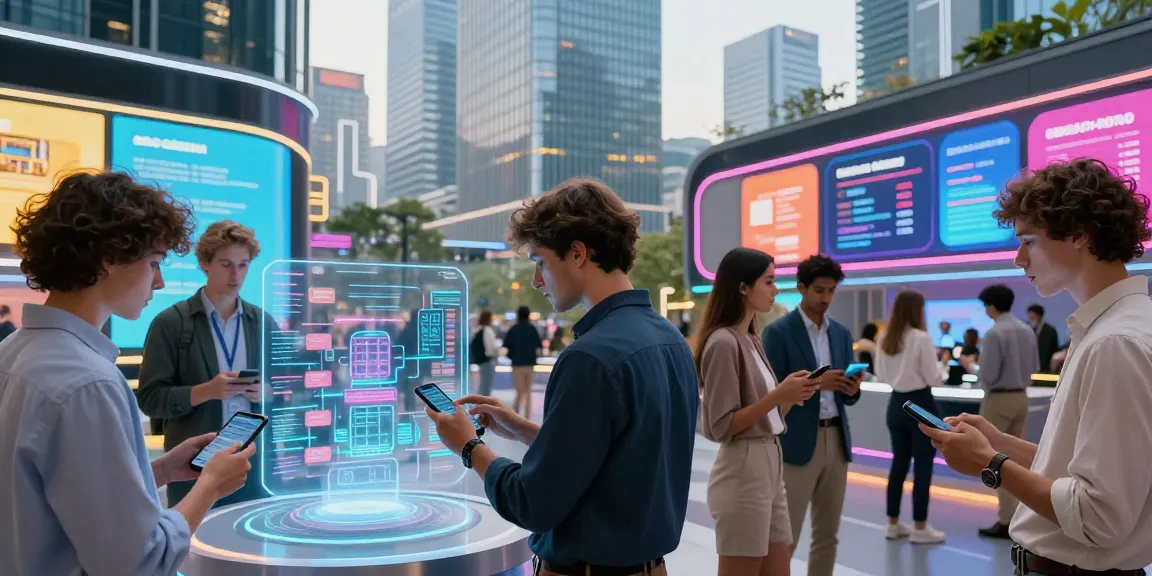 Individuals engaging with rokok88 digital real estate technology in a vibrant urban setting.