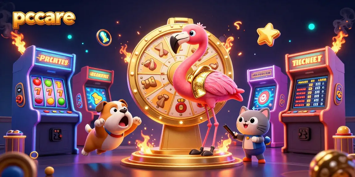 Engage with pccare's exciting gaming experience as bulldog contestants celebrate big wins at vibrant slot machines.