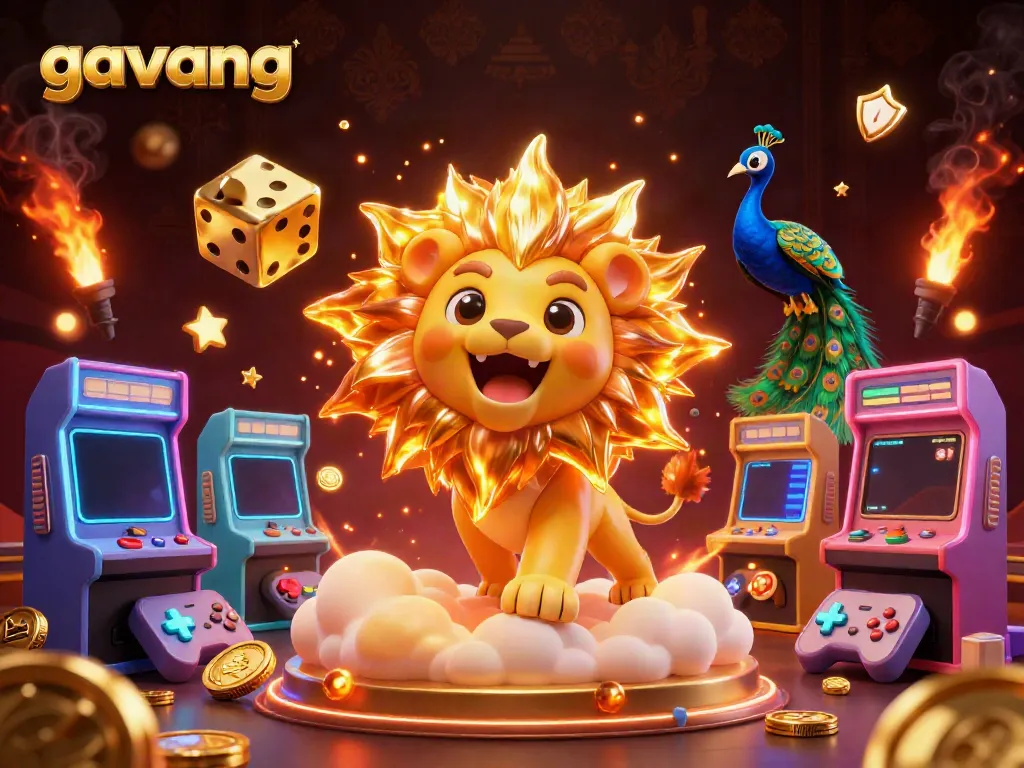 Join the excitement at gavang with a roaring lion and golden dice in a lively casino-themed illustration.