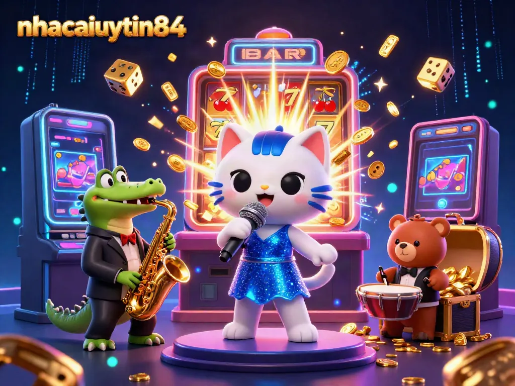 Experience exciting casino action with nhacaiuytin84, featuring a jazz-singer cat and friends in a vibrant 3D scene.
