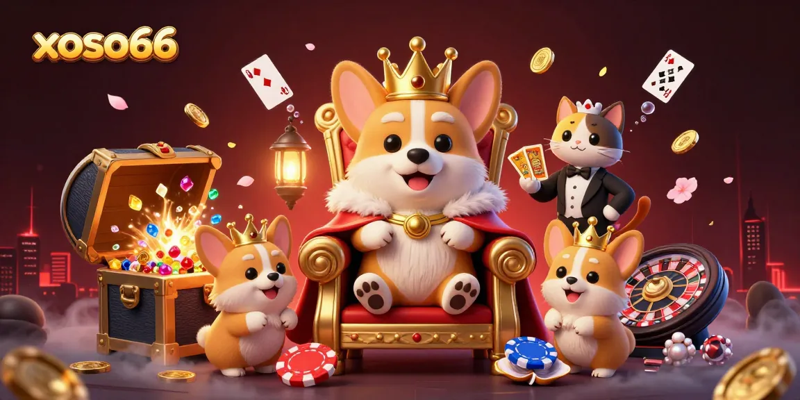 xoso66 offers thrilling gameplay with a royal corgi theme and vibrant casino elements.