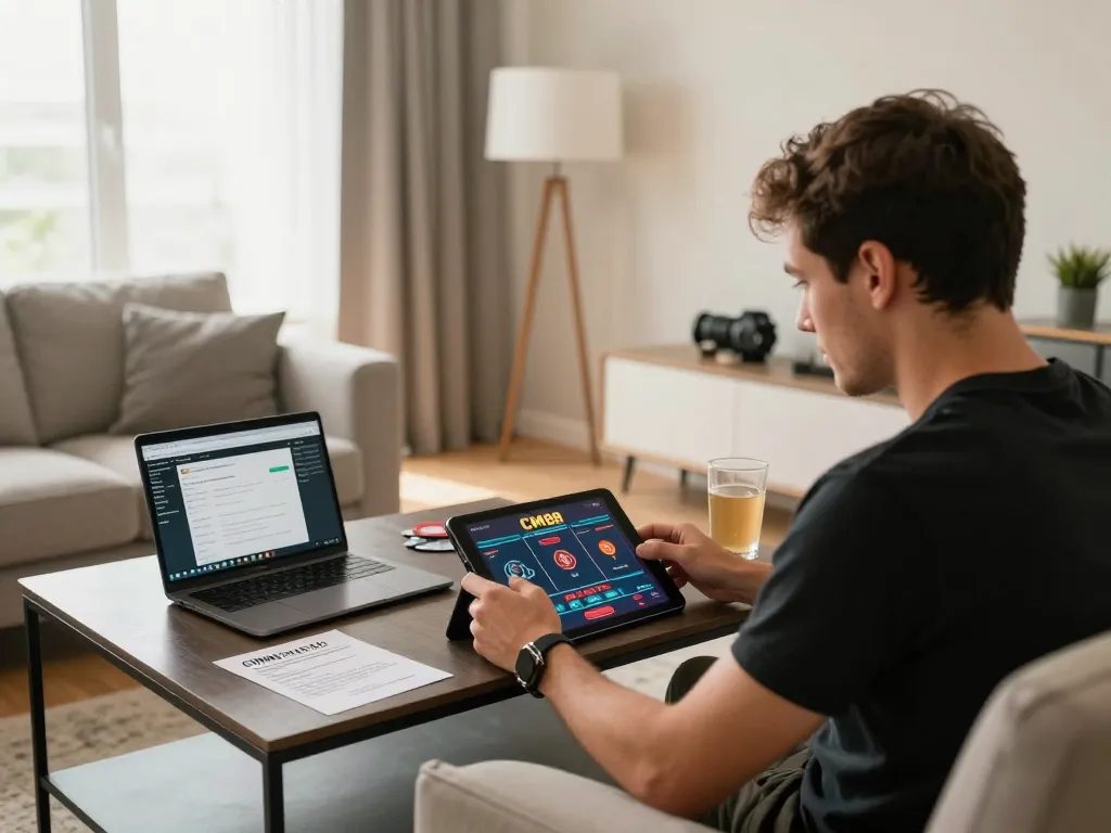 Player engaging with CM88 online poker game on tablet in a cozy home setting