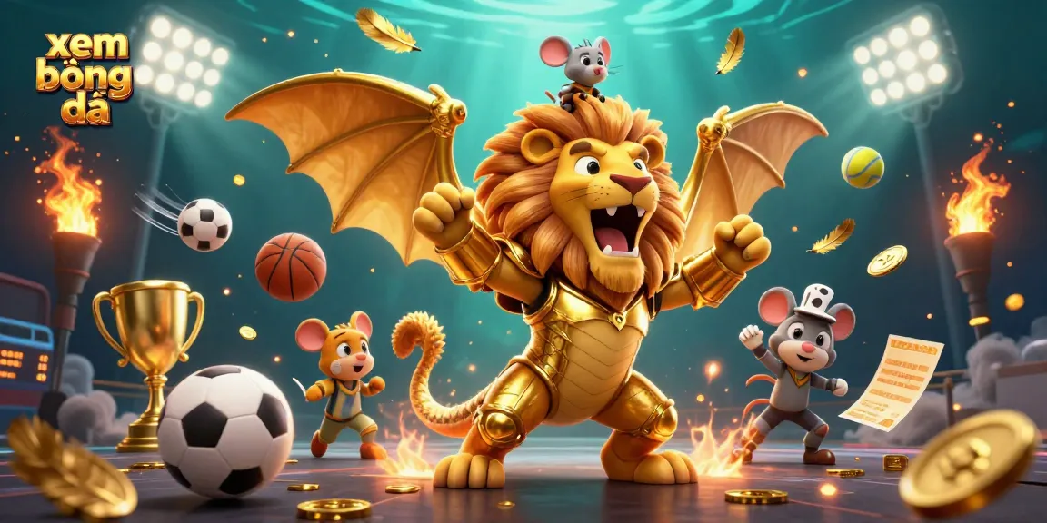 Exciting xem bóng đá betting scene featuring a chimera and sports elements in vibrant detail