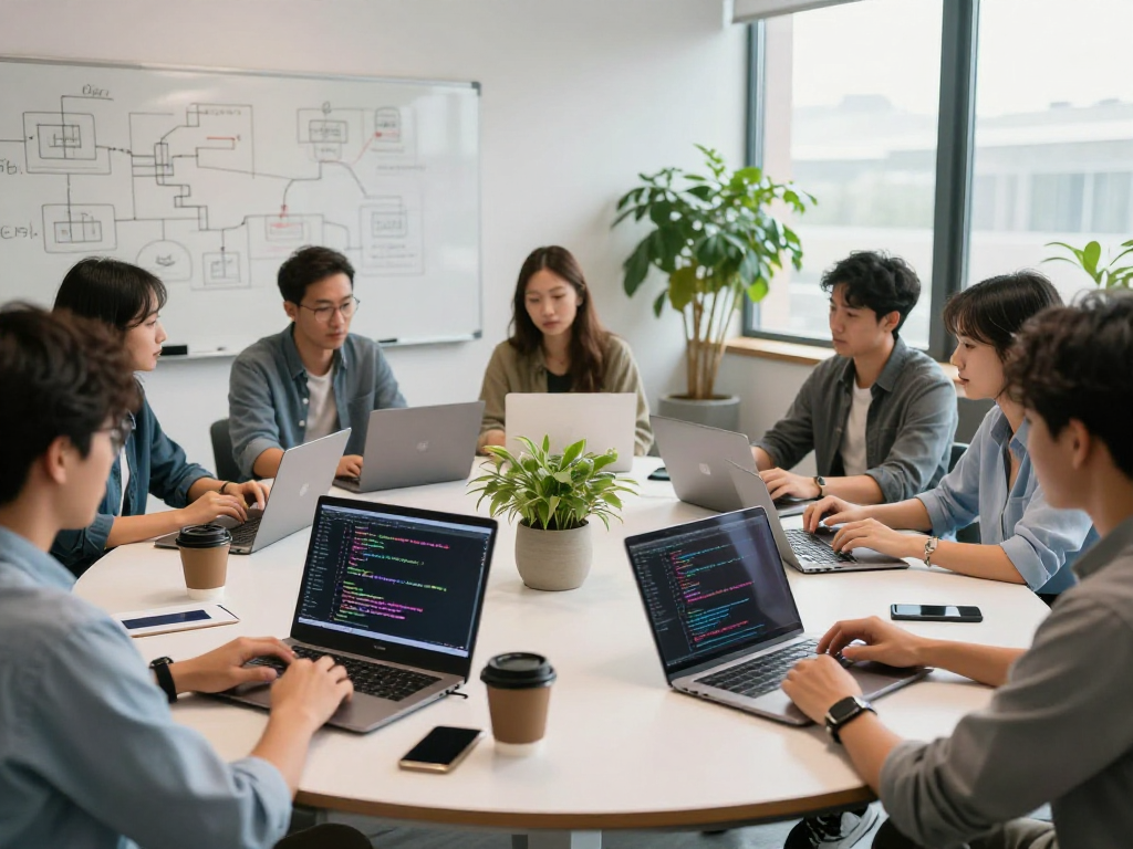 Collaborative tech workspace with developers brainstorming around a table showcasing http://debet-app.com in a modern office.
