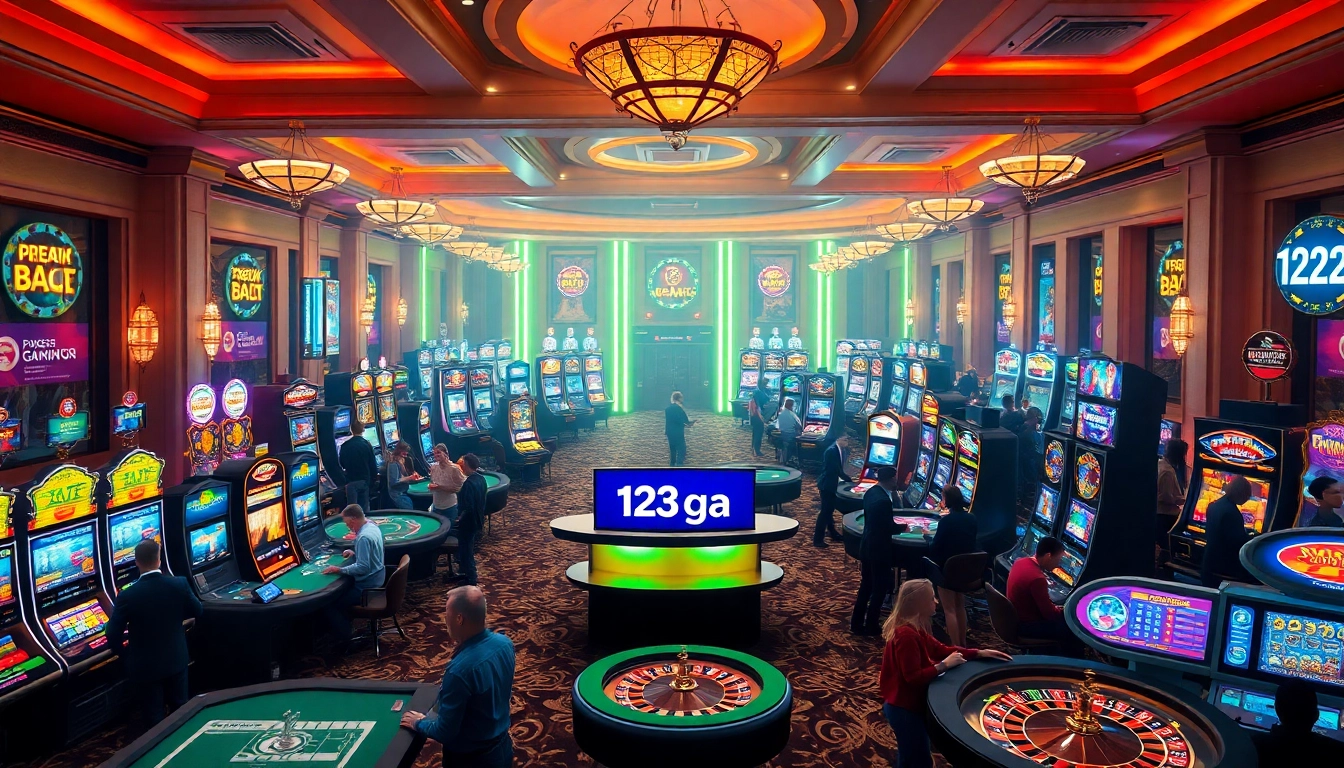 A dynamic casino scene featuring 123ga betting stations, vibrant slot machines, and poker tables filled with enthusiastic players.