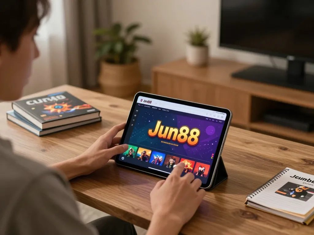 Engaging with Jun88 casino app on a tablet in a cozy home setting with strategic gaming notes.