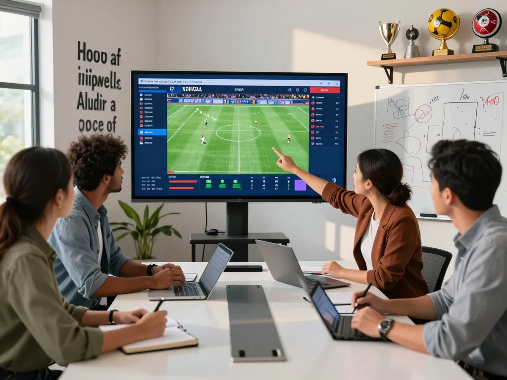 Sports analysts discussing real-time nowgoal data and football scores in a modern conference room.