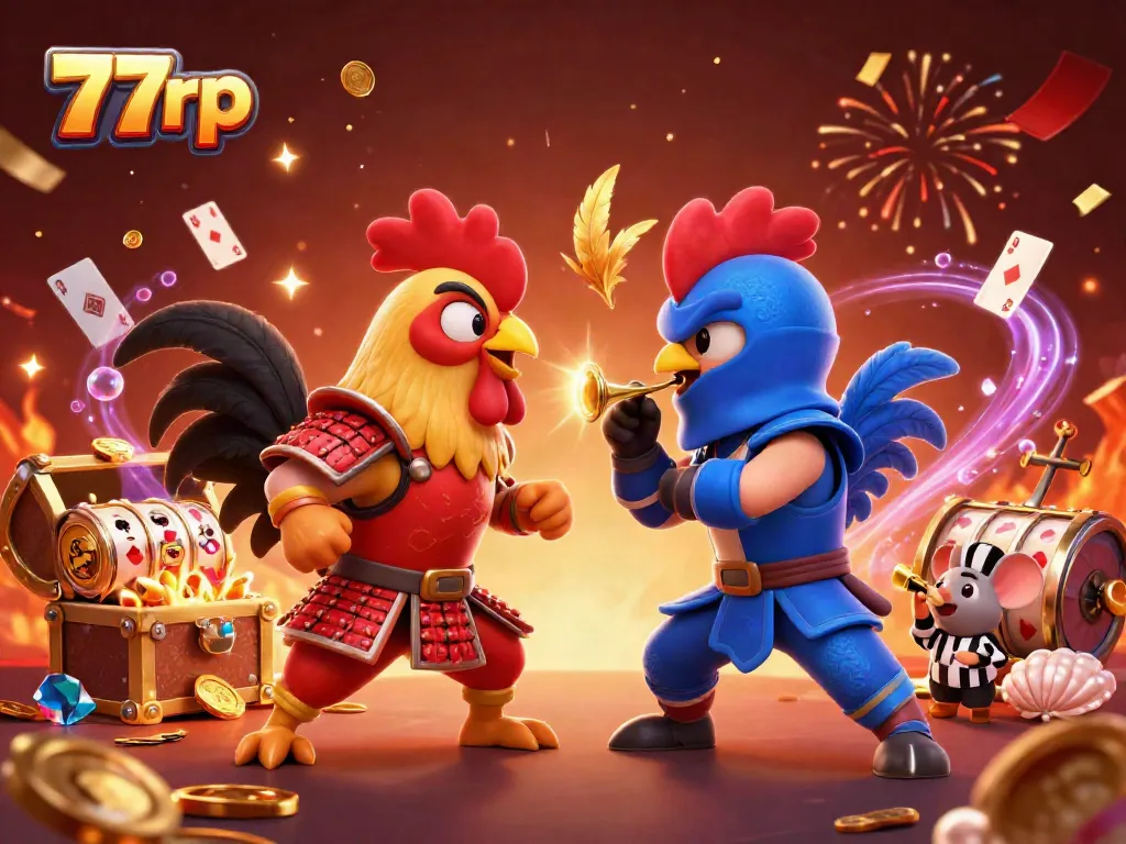 Engage in thrilling battles with 77rp's iconic rooster fighters amidst exploding treasures