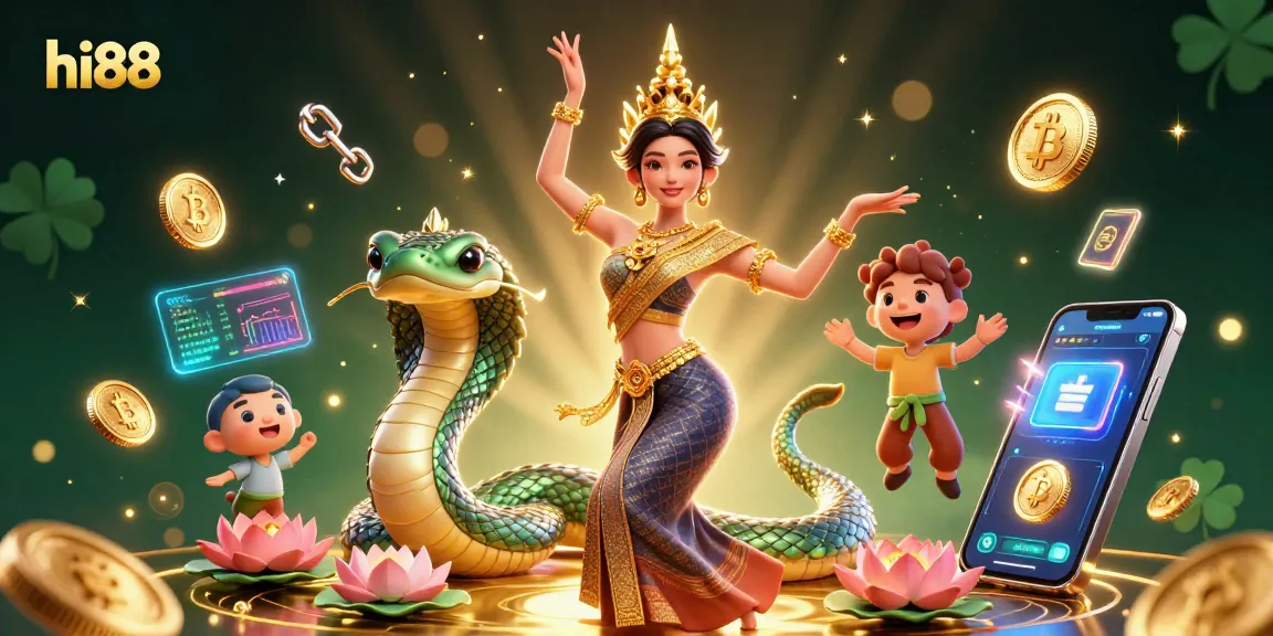 Join the excitement at hi88, featuring a beautiful Asian woman, Naga serpent, and vibrant casino elements.