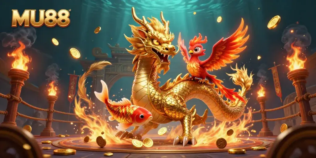 Experience MU88's magical atmosphere with a golden dragon, phoenix, and koi fish in a vibrant casino setting.