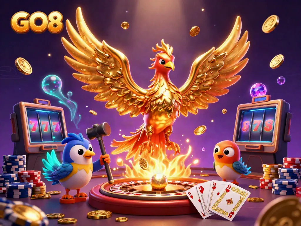 Celebrate winning moments with GO8’s dazzling golden phoenix emerging from the forge of luck in a vibrant casino scene.
