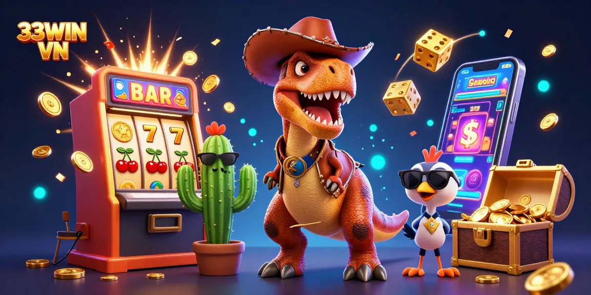 Experience the thrill of 33WIN VN with a vibrant 3D casino scene featuring a T-Rex and friends.