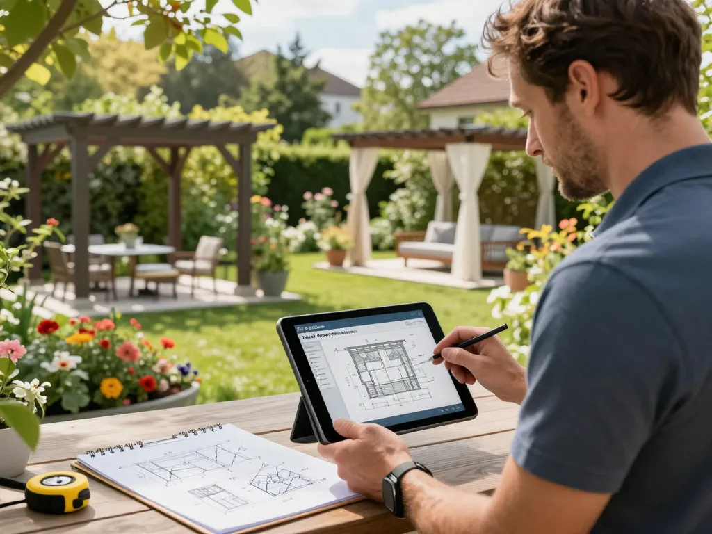 Pergola Konfigurator Software Schweiz in Aktion, professioneller Designer gestaltet eine moderne Pergola in einem Garten mit lebhaften Pflanzen und Terrassenmöbeln.