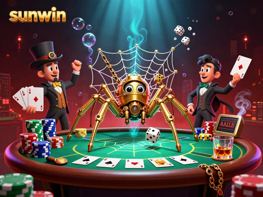 Engage in thrilling gameplay with sunwin, featuring a cartoon spider and poker elements in a vibrant casino scene.
