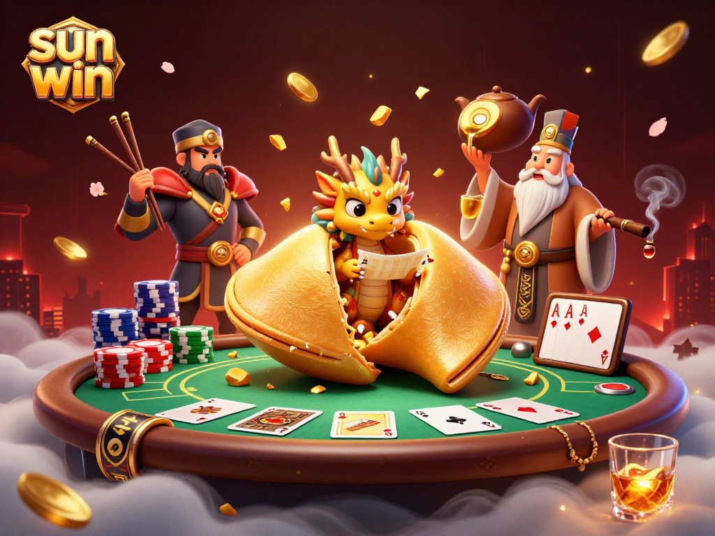 Win big with sun win at this colorful casino scene featuring a dragon and fortune cookie.