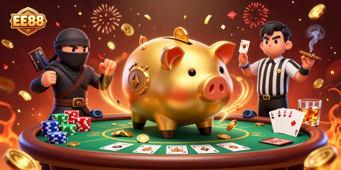Engage with EE88 in a dynamic casino showdown featuring a sumo piggy bank and ninja opponents.