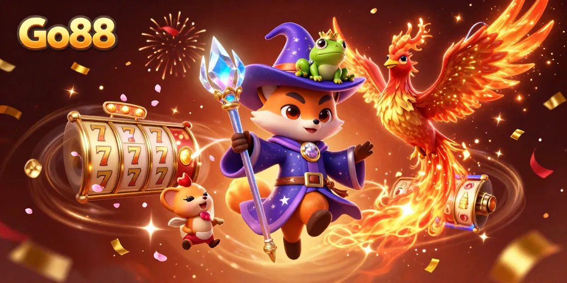 Experience the excitement of Go88 with the magical wizard fox and a fiery phoenix in a vibrant casino scene.
