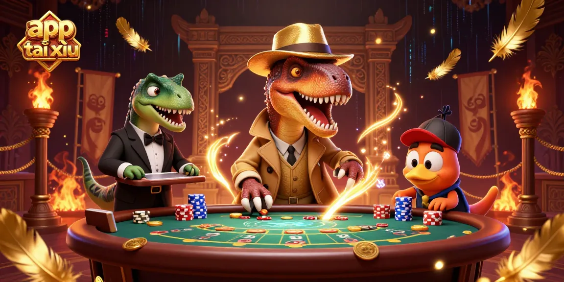 Play in the app tài xỉu as a velociraptor card counter engages in blackjack amidst vibrant casino chaos.
