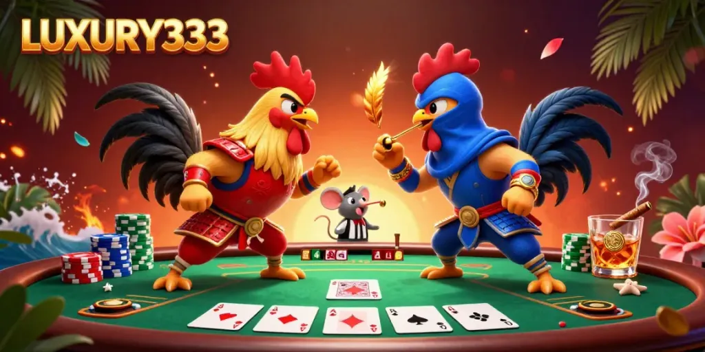 LUXURY333 showcases twin cartoon fighting roosters standoff at a poker table amid vibrant gaming elements.