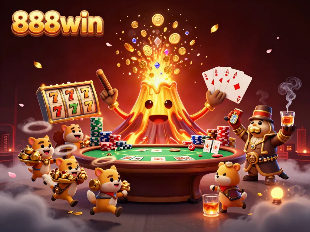 Experience triumphant 888win moments with vibrant treasures and gold eruptions in this casino scene.
